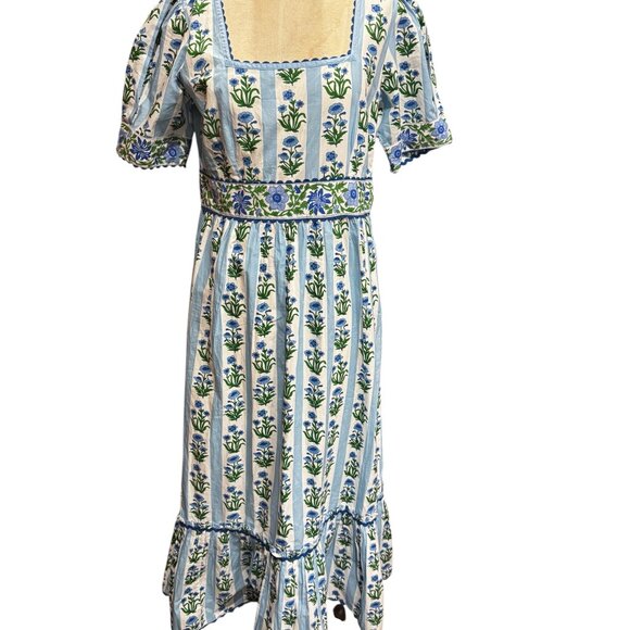 Pink City Prints Evelyn Dress Sky Lily Stripe Blue Floral Block Print Large - Picture 8 of 14